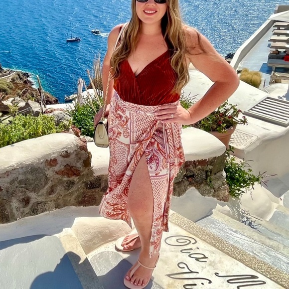 HALLOWEEN HIPPIE COSTUME Lulus Rust Paisley Print Satin Wrap Midi Skirt -Size XL - Picture 9 of 10